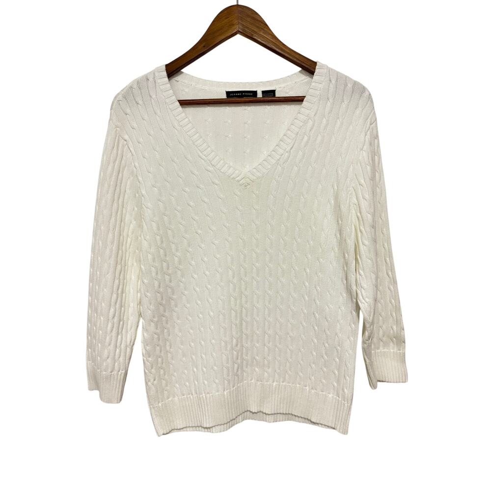 Jeanne Pierre 100% Cotton Cable Knit Sweater Ivory V Neck 3/4 Sleeve XL